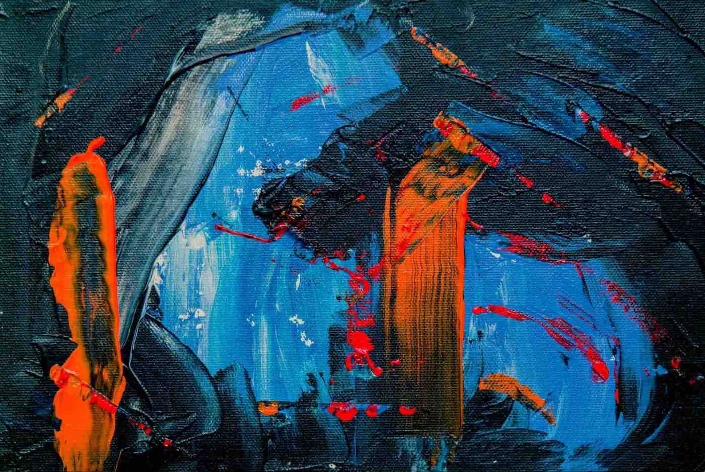 Abstract painting with vibrant blue and orange brushstrokes against a dark background, featuring expressive splashes of red.