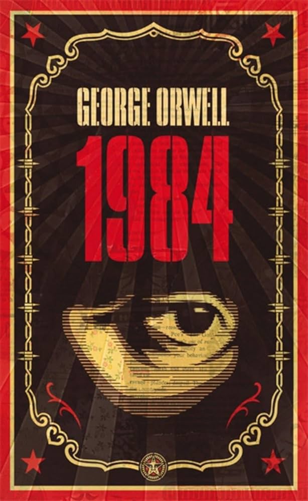 Cover art for George Orwell’s 1984 featuring an oversized eye and red-black design elements with text and decorative motifs.