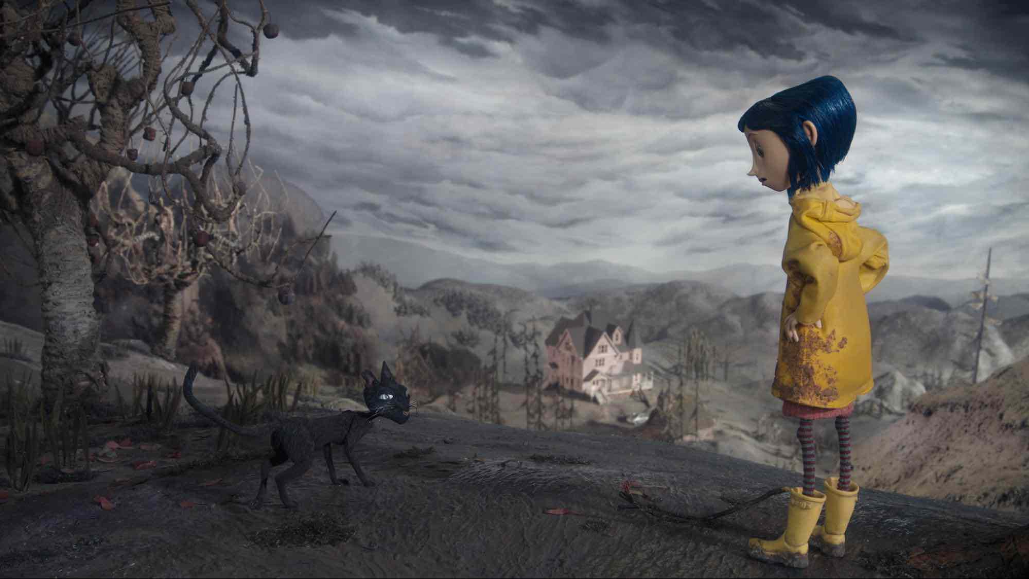 Animated character in a yellow raincoat standing on a misty, barren hill, facing a black cat with a distant house in the background.