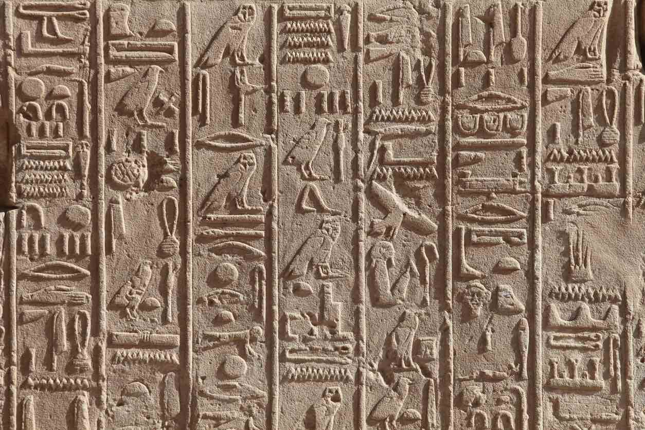 Detailed carvings of ancient Egyptian hieroglyphs on a stone wall, showcasing intricate symbols and figures.