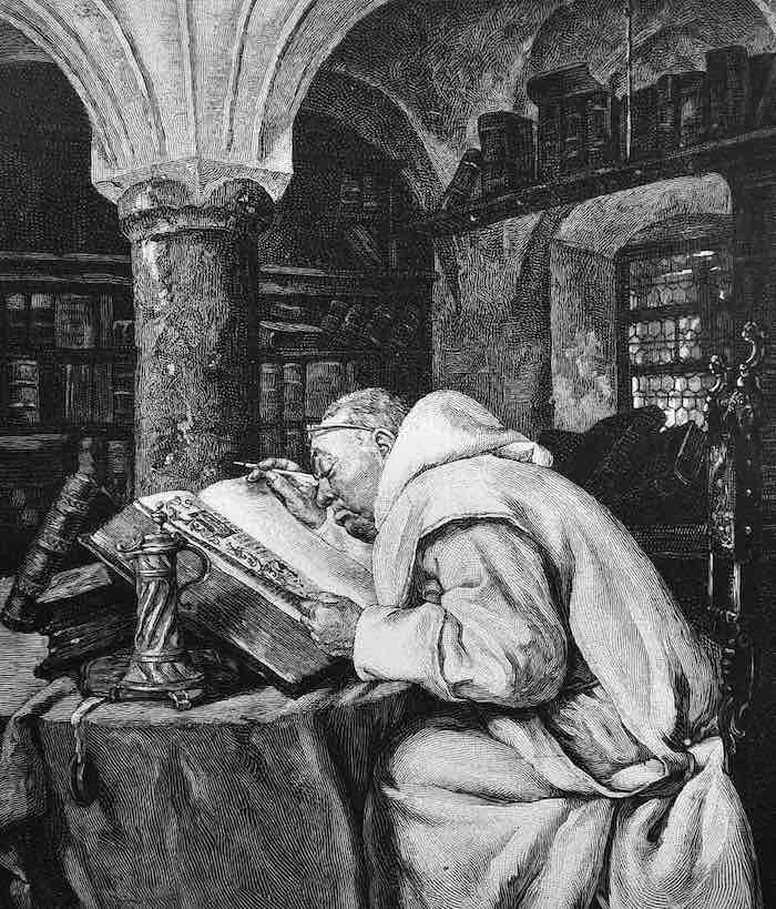 Detailed pen and paper illustration of a medieval monk in a dimly lit library, engrossed in writing a manuscript by hand, surrounded by ancient books and gothic architecture.