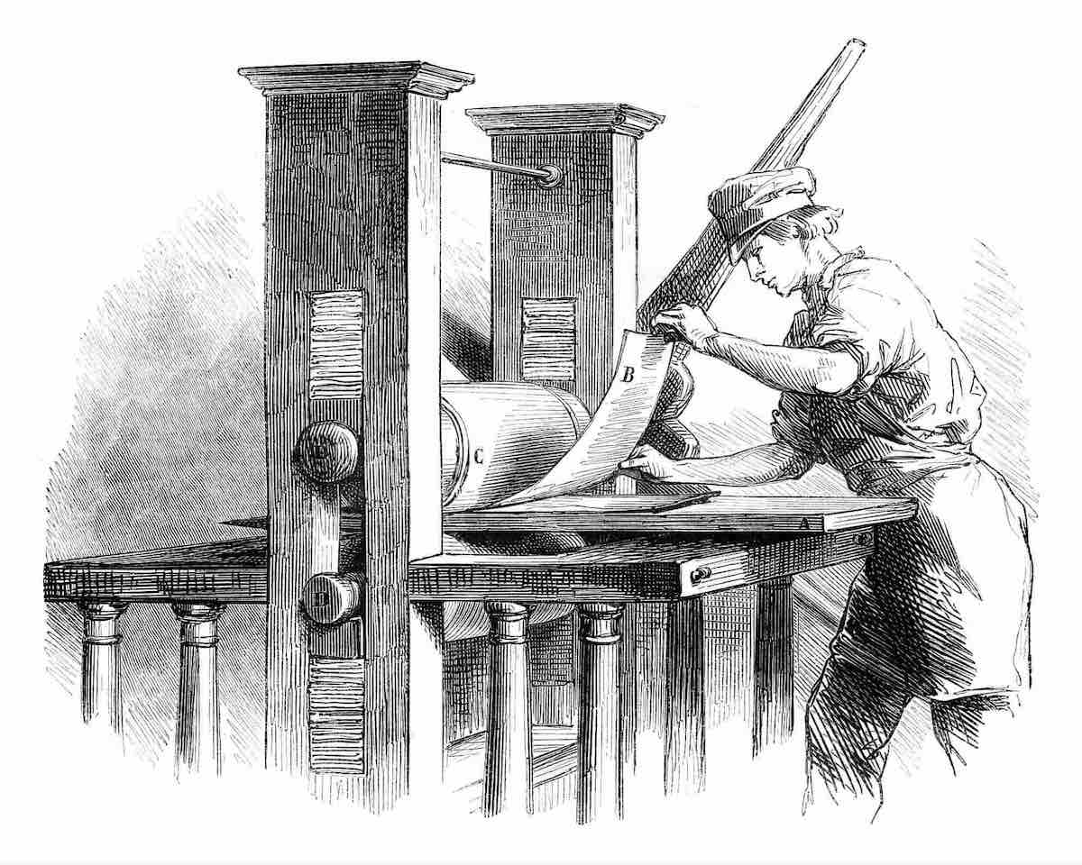 Pen and paper illustration of a worker operating a vintage printing press, pulling a sheet of paper from the machine in a traditional print shop.