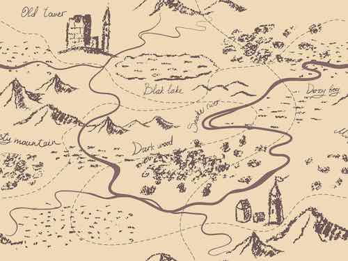 Hand-drawn fantasy map with locations including Old Tower, Misty Mountain, Dark Wood, and Snake River, showing a detailed imaginary landscape.