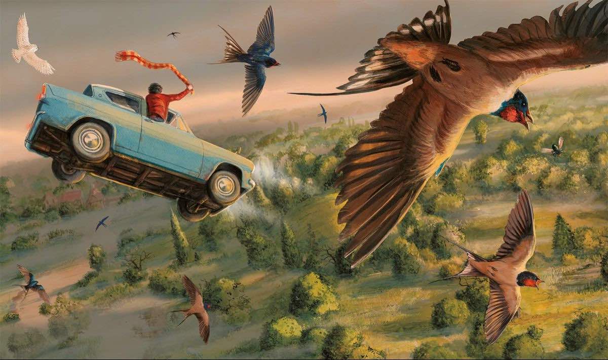 Illustration of a vintage blue car flying through the sky alongside swallows over a lush green landscape, evoking a sense of adventure and fantasy.