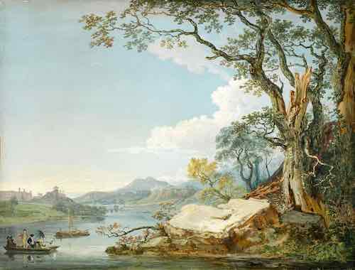 Pastoral landscape painting with boats on a calm river, surrounded by trees and distant hills under a clear sky.