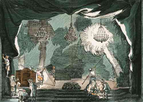 Illustration of a theater stage with chandeliers and stage crew preparing a scene behind the curtains.