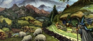 Fantasy illustration featuring a wizard walking through a countryside with sheep grazing, mountains in the distance, and a cottage nearby.