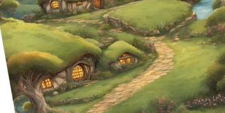 Whimsical landscape with small hobbit-style cottages surrounded by lush green hills and a stone path.