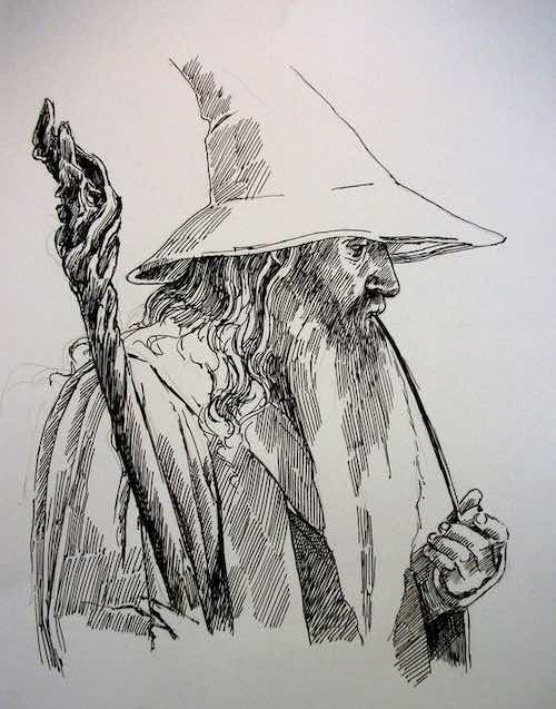 Detailed black and white sketch of Gandalf from Harry Potter holding a staff, drawn with intricate linework.