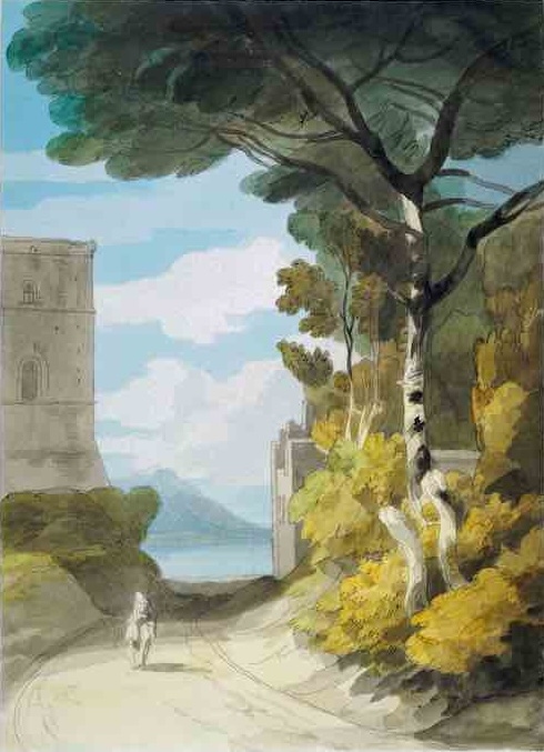 Illustration of a lone rider traveling along a tree-lined path toward a distant building, with mountains and sky in the background.