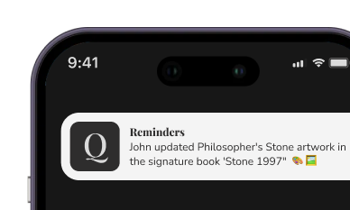 Phone notification from Quibble: John updated Philosopher's Stone artwork in the signature book 'Stone 1997' with icons of a palette and a book.