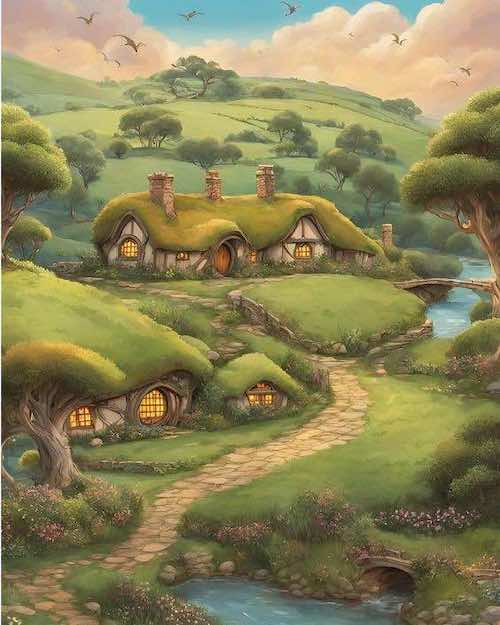 Whimsical illustration of a cozy cottage with grass-covered rooftops, nestled in a lush green countryside with a stream running nearby.