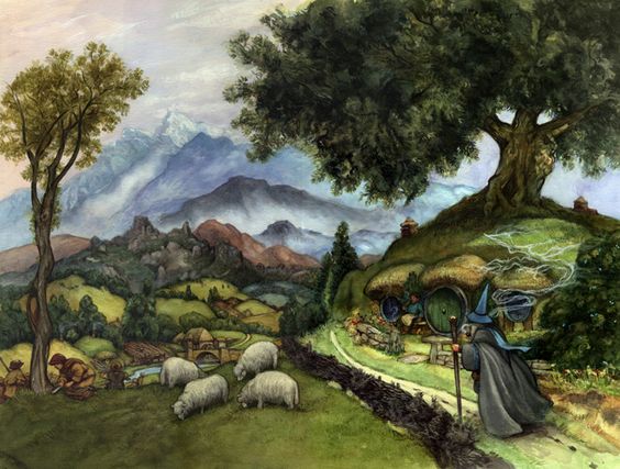 Illustration of a wizard walking through a peaceful countryside with a flock of sheep and mountains in the background, evoking a fantasy landscape.