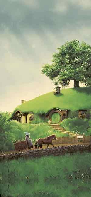 Illustration of a charming hobbit house with green grassy roof and a wagon pulled by a horse, set in a lush countryside inspired by Tolkien's Shire.