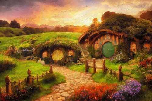 Illustration of a charming countryside hobbit house surrounded by lush greenery and vibrant flowers at sunset.