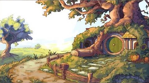 Cartoon-style illustration of a cozy hobbit-like house built into a tree with a path leading up to the round green door, surrounded by lush greenery.