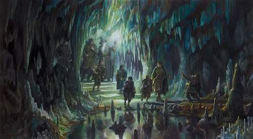 Illustration of a group of travelers exploring a mystical, dark cave with glowing stalagmites and stalactites, illuminated by magical light.