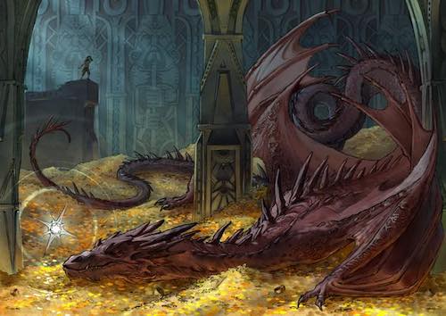 Detailed illustration of a dragon guarding a hoard of treasure in a mystical cavern, symbolizing fantasy adventure and mythical creatures.